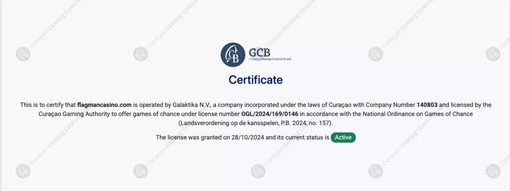Лицензия Flagman Casino